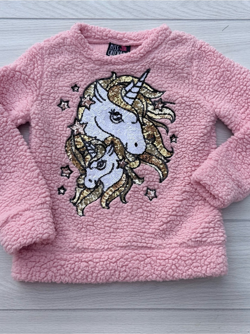 Miss Chievous Pink Sherpa Sweatshirt‎ with Sequin Unicorns